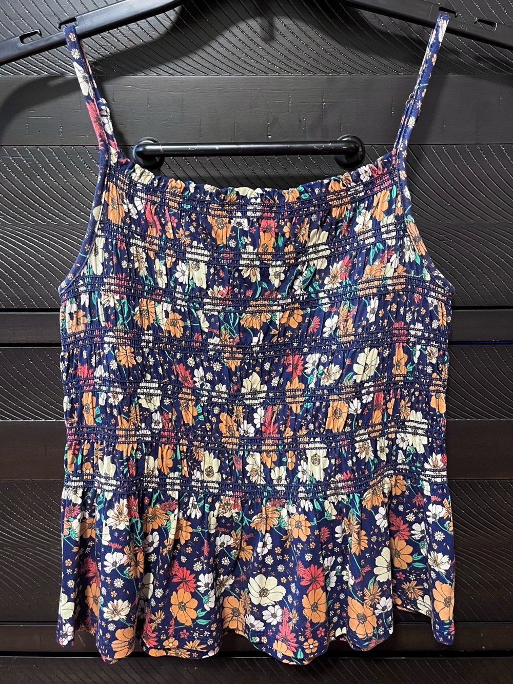 SO Floral Navy Tank Top with Ruffle Hem